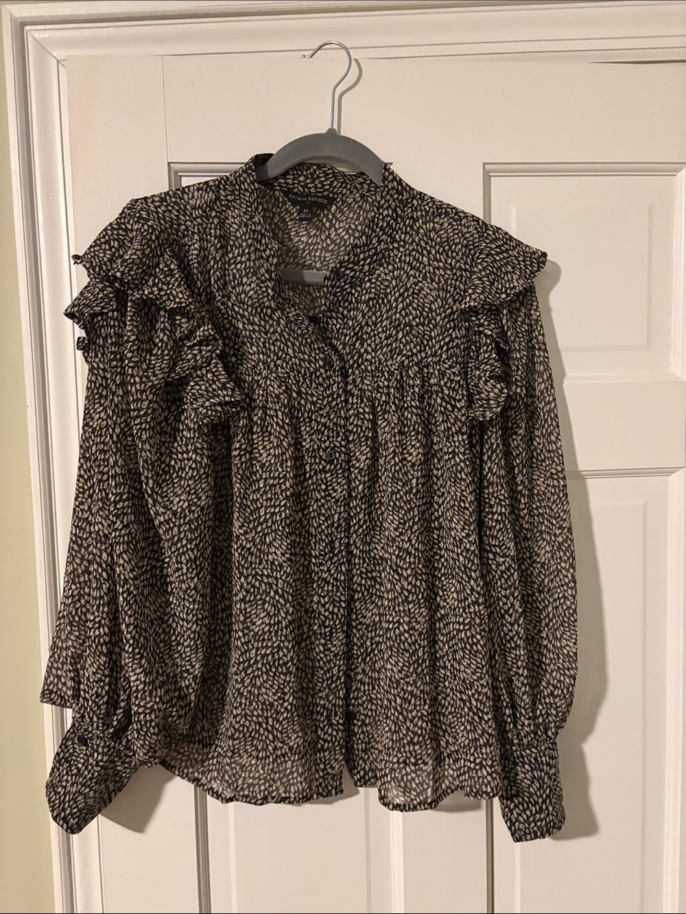Banana Republic Black and Cream Ruffle-Shoulder Blouse